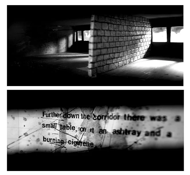 Black and white photo of a dimly lit corridor with brick walls and small windows, and a close-up of a torn, blurry book page with partial text.