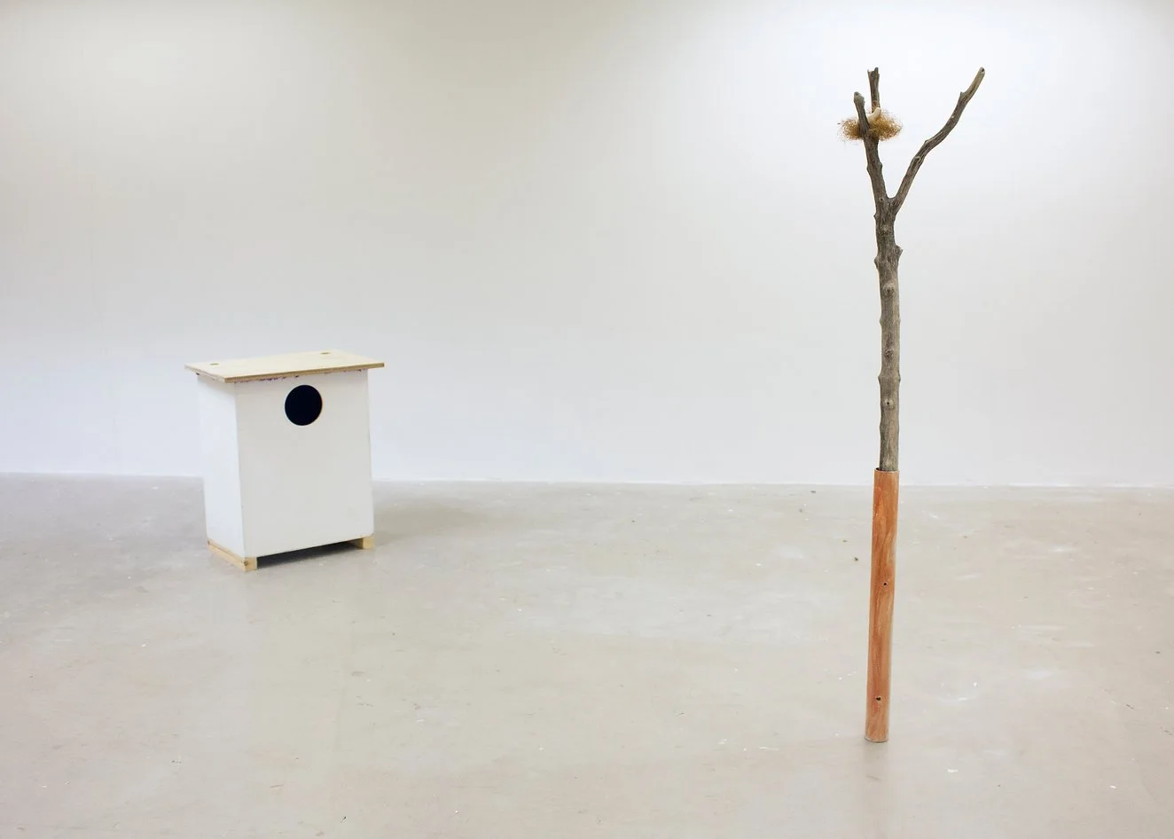 Minimalist art installation with a white wooden birdhouse on the left and a leafless tree branch on a wooden stick on the right, set against a plain white wall and concrete floor.