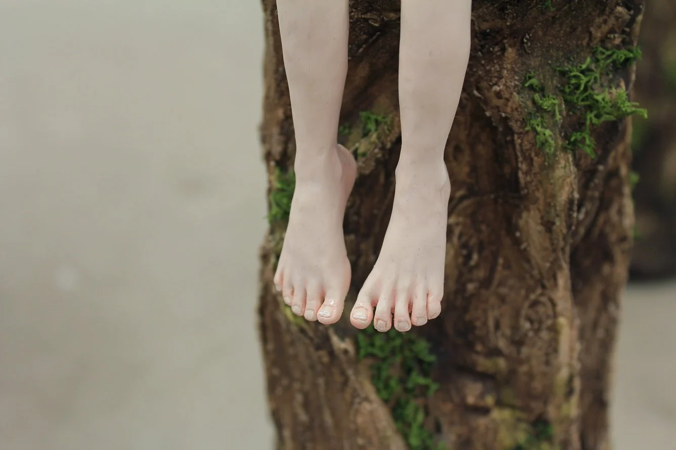 A sculpture of human feet hanging below a tree trunk with green moss and foliage.