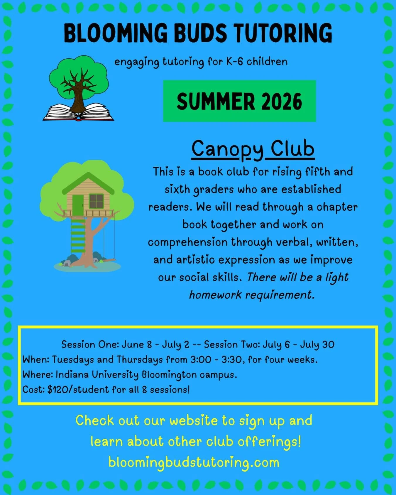 📗The Canopy Club📗

🗓️June and July, Tuesdays and Thursdays 
🕐 3:00 - 3:30

💚Rising Fifth and Sixth Grade Students
💚The Mystery of Locked Rooms by L. Currie
💚Small group instruction
💚Arts Integration 
💚Reading Comprehension 
💚Social skills 
