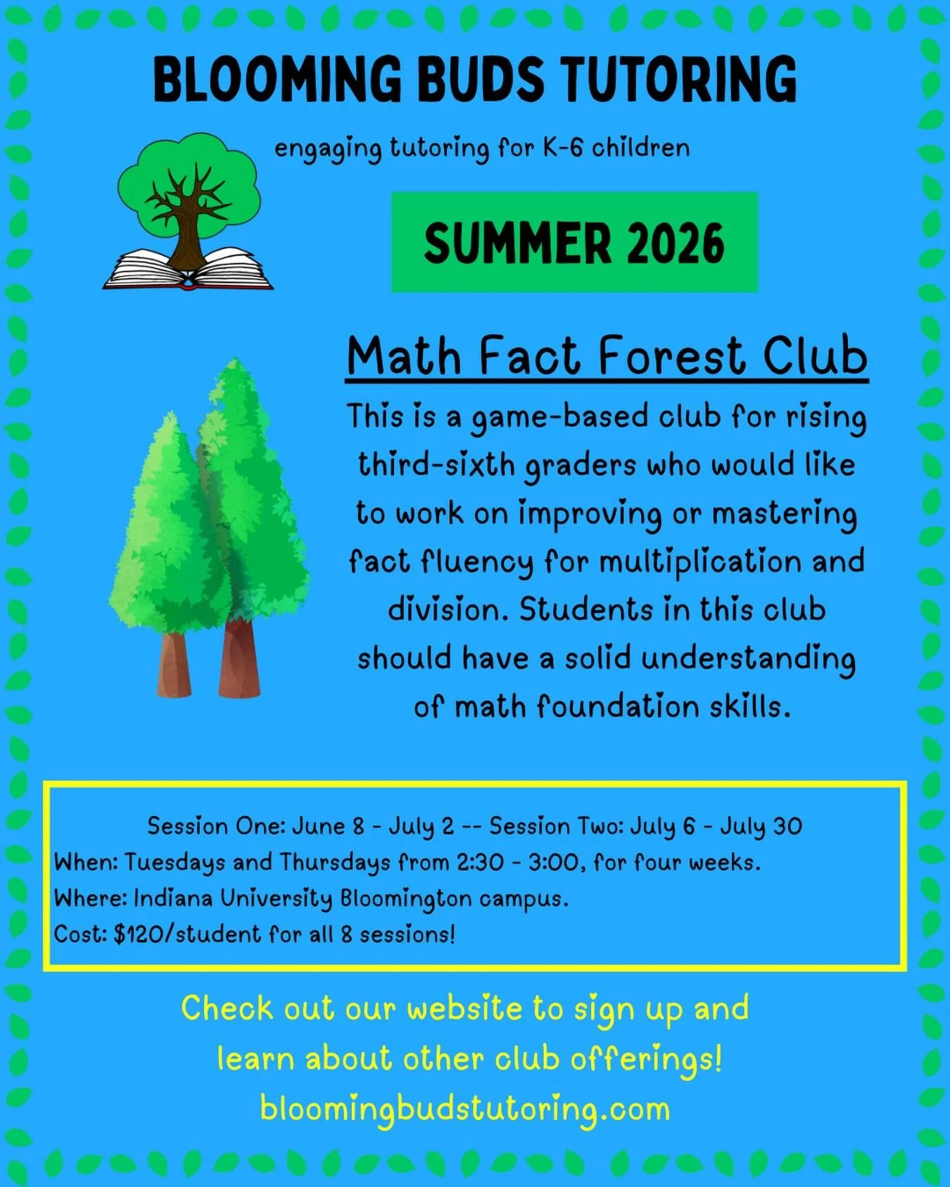 🌲🌲Math Fact Forest Club🌲🌲

🗓️June and July, Tuesdays and Thursdays 
🕐 2:30 - 3:00

💚Rising Third - Sixth Grade Students
💚Small group instruction
💚Game Based
💚Multiplication and Division Fact Fluency 
💚Social skills 

✨Spots are limited! Si