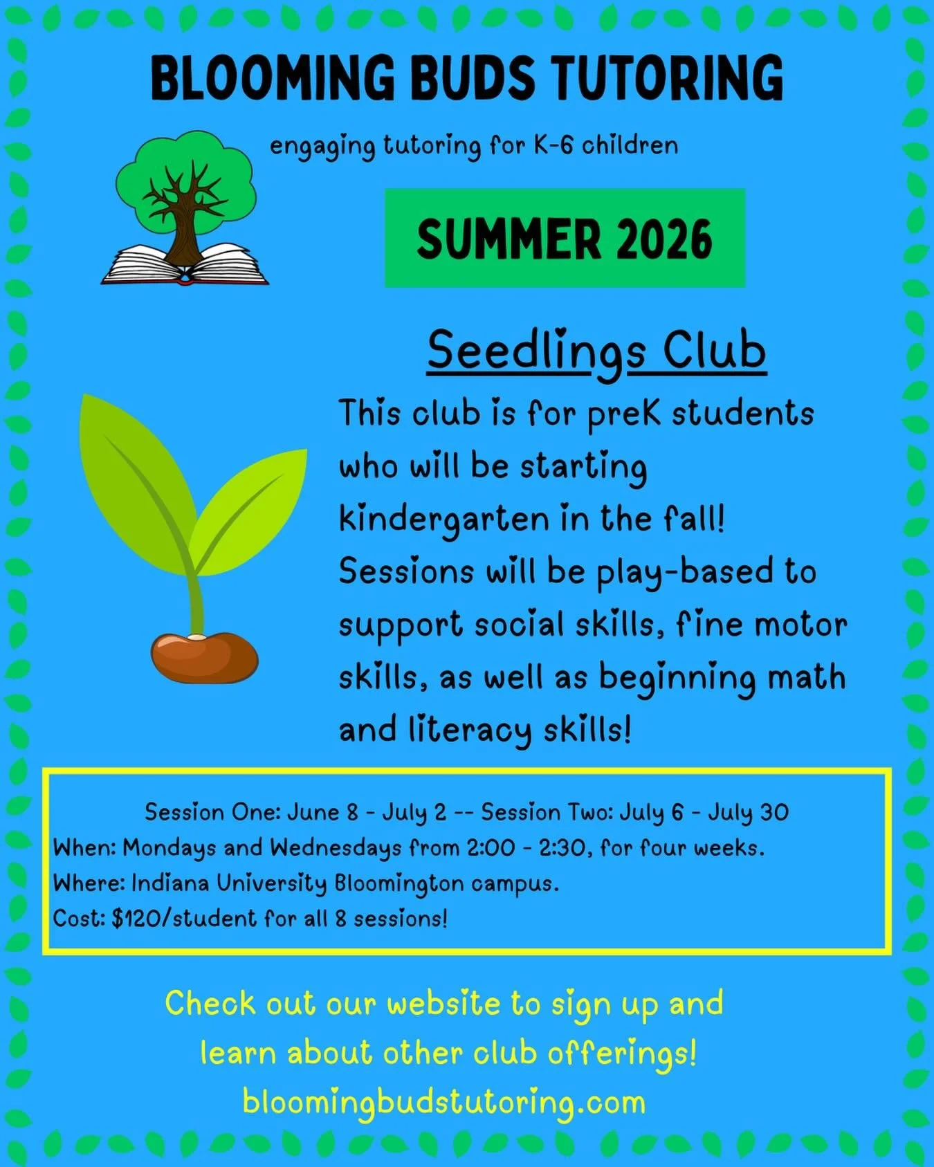 📣 Bloomington Families!📣 

There are still a few spots left in our Seedlings Club for Session One. It&rsquo;s not too late to sign up! Head over to bloomingbudstutoring.com/summer-clubs today!