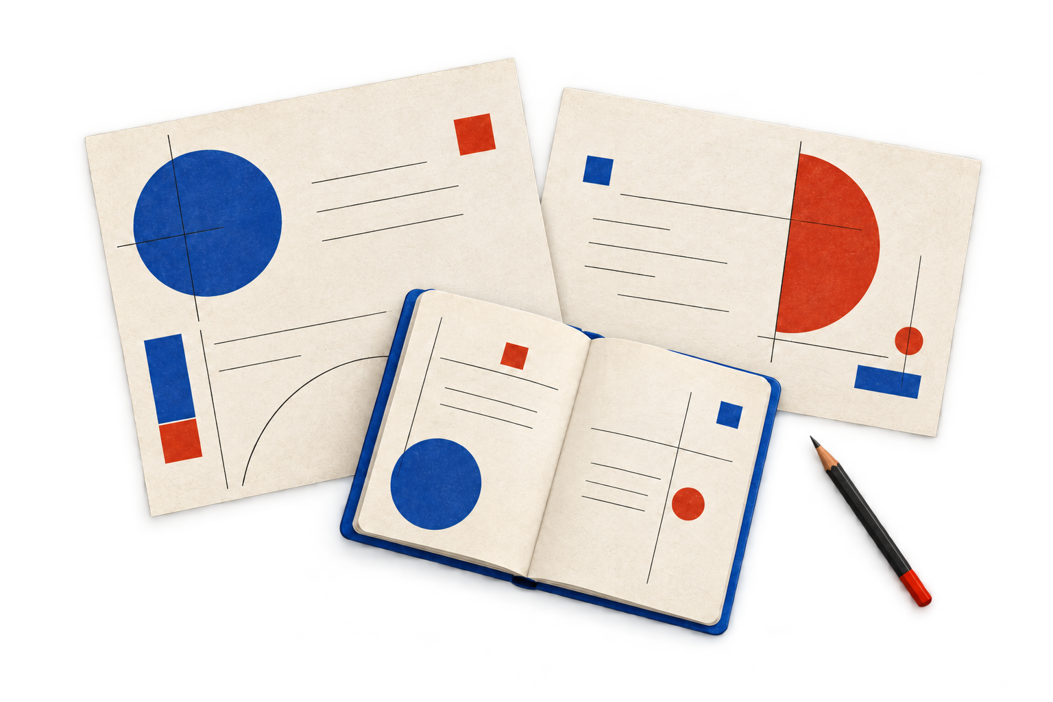 Printed pages with charts and graphs in blue and red, arranged on a table with a black pen nearby.