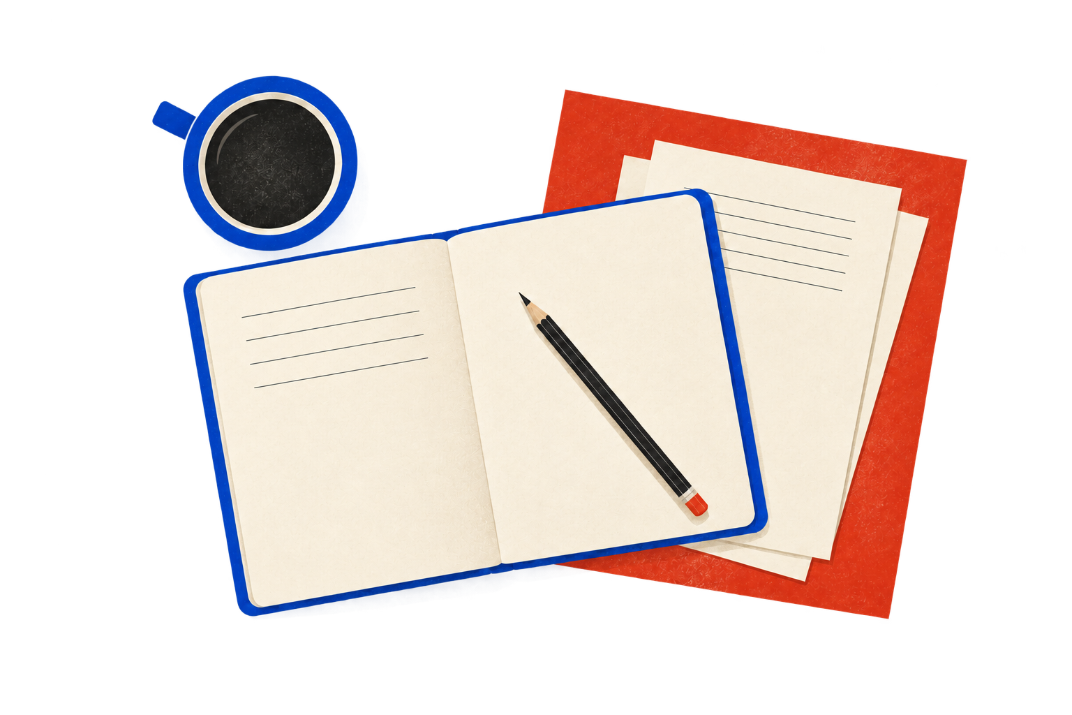 Open notebook with lined pages and a black pen resting on it, a cup of coffee, and some loose papers on a red surface.