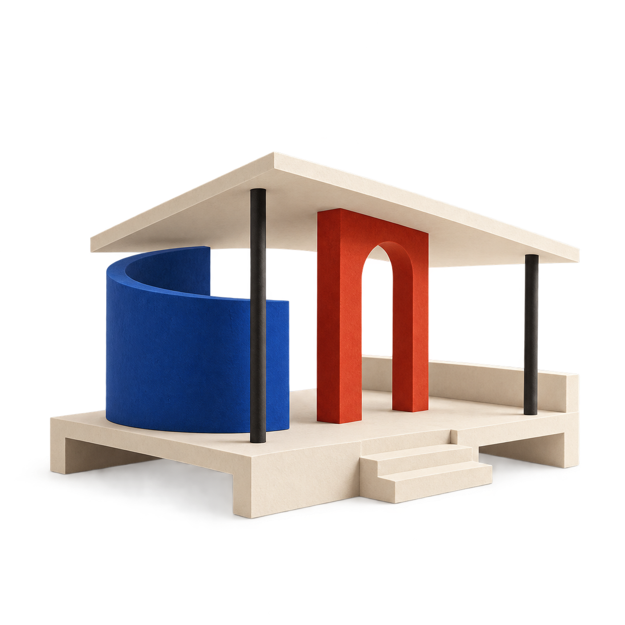 Modern architectural model with a flat roof, blue curved wall on the left, red rectangular arch in the center, black vertical supports, and beige steps at the front.