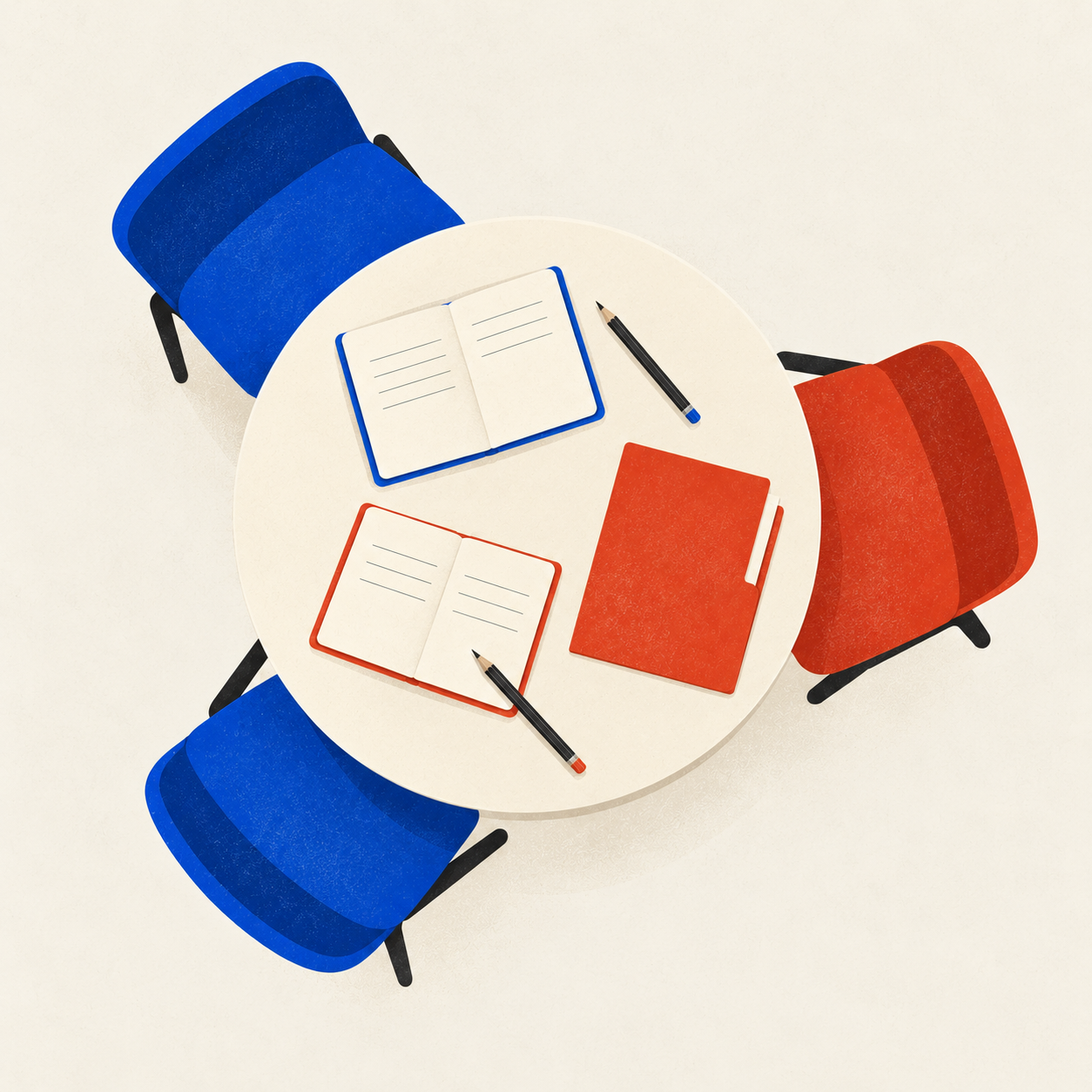 A round table with cobalt and vermilion chairs, notebooks, and pencils on warm ivory.