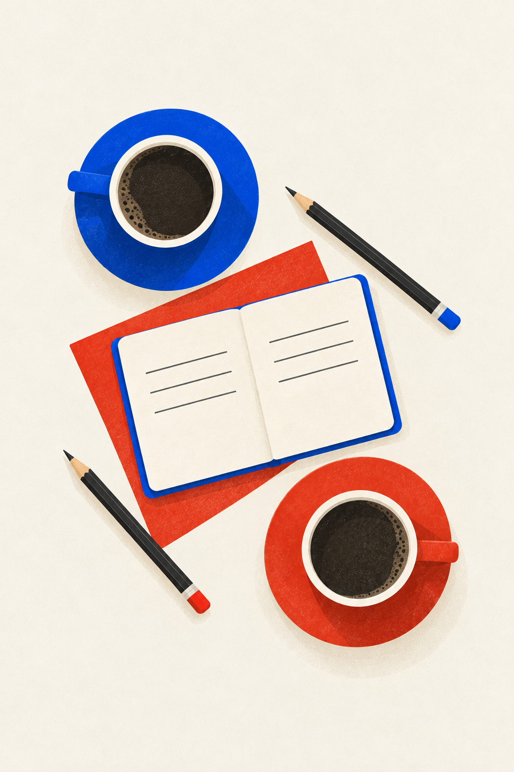 Two coffee cups in cobalt and vermilion beside an open notebook and pencils on warm ivory.