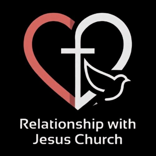A heart-shaped design with a cross and a dove, with text saying 'Relationship with Jesus Church.'