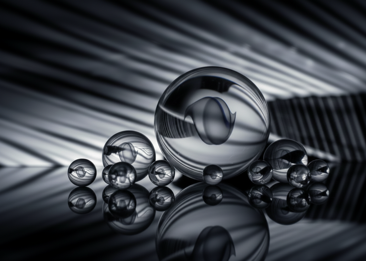 A group of transparent and reflective glass marbles of various sizes arranged on a surface with diagonal striped background.