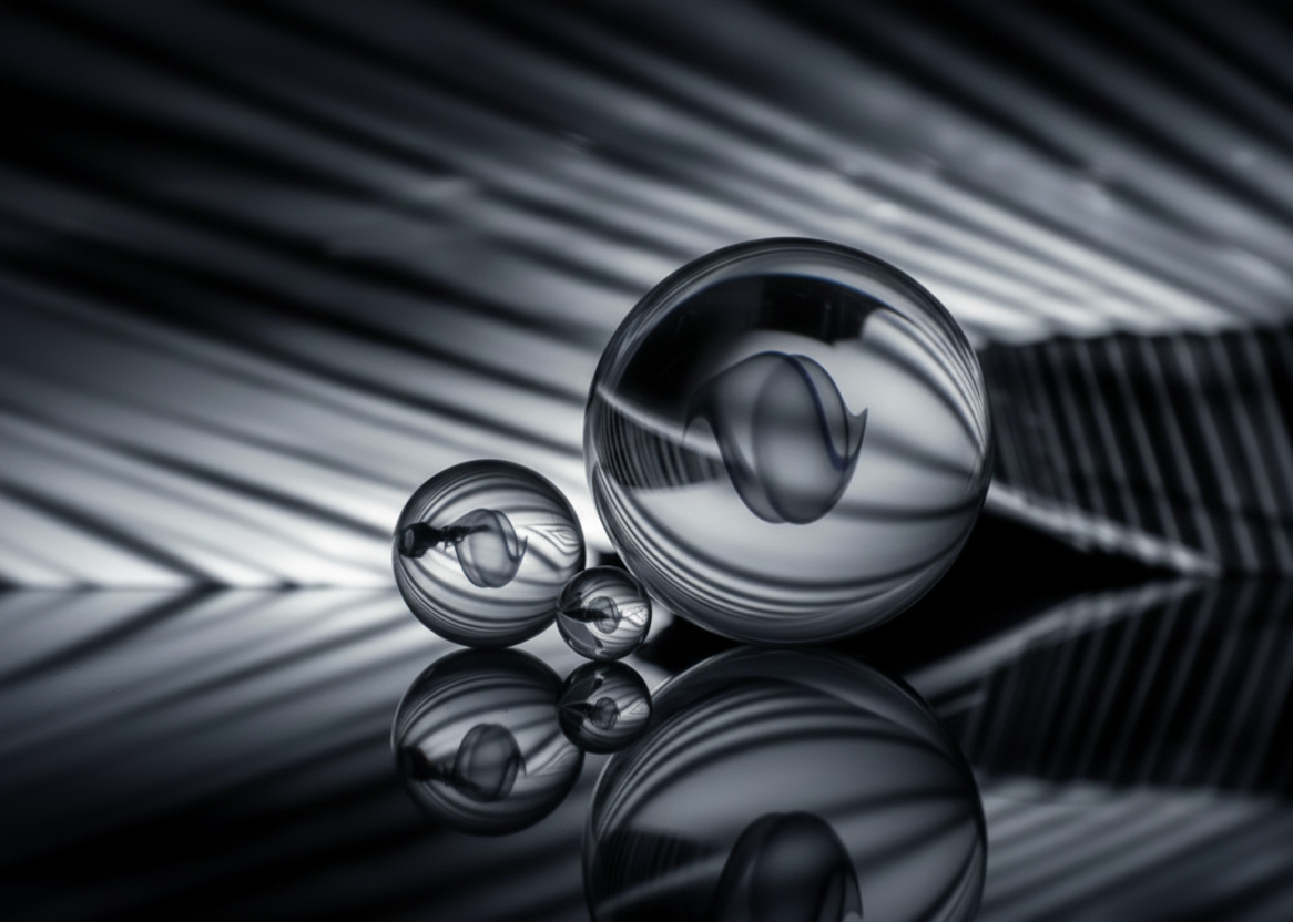 Four reflective metallic spheres of varying sizes on a striped surface with diagonal striped background, creating reflections of the environment.