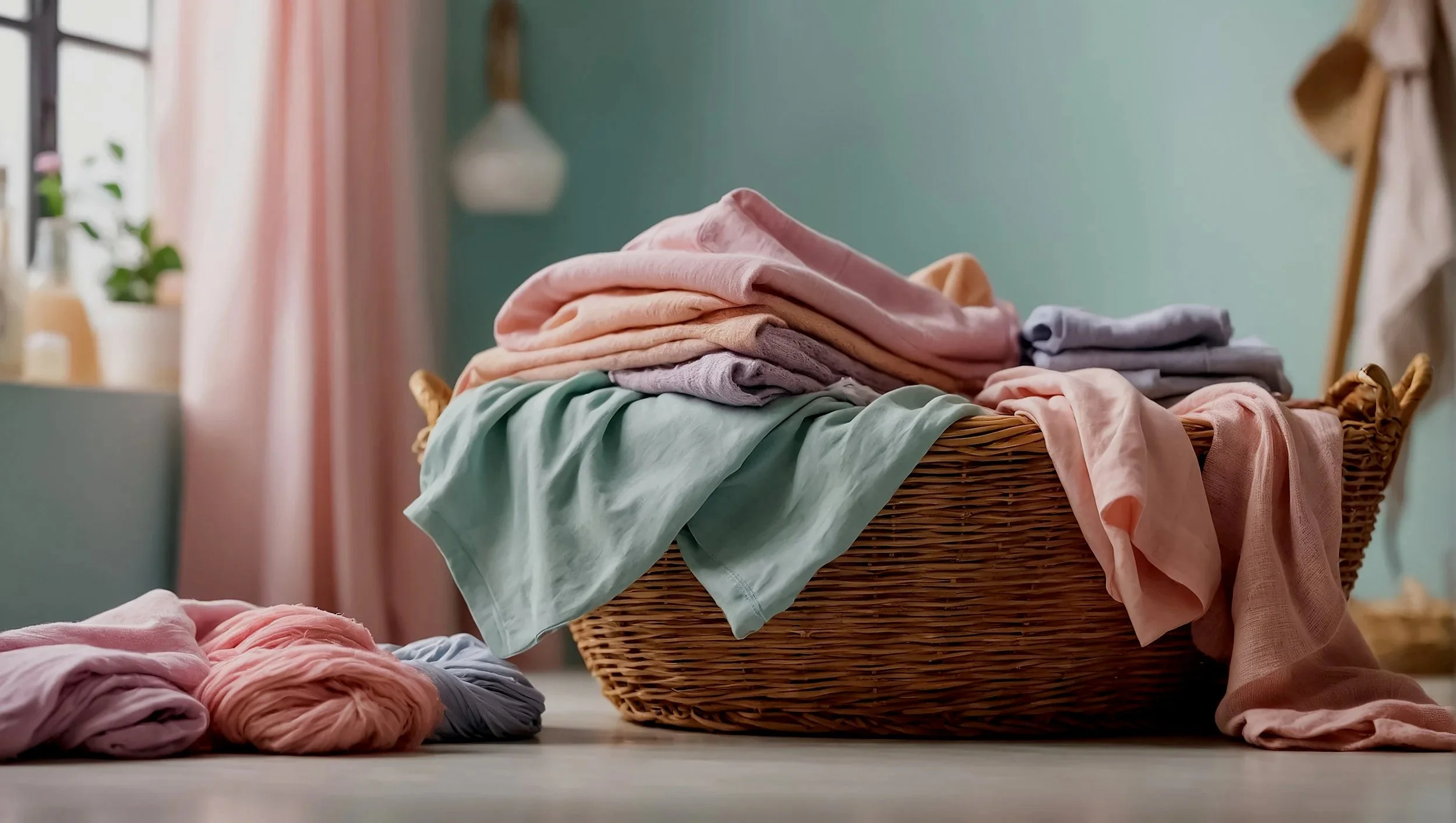 A basket filled with neatly folded pastel-colored clothing items in pink, peach, lavender, gray, and green, placed near a window with pink curtains and a green painted wall in the background.