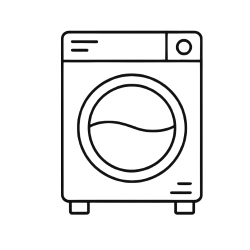 Outline drawing of a front-loading washing machine with a circular door.