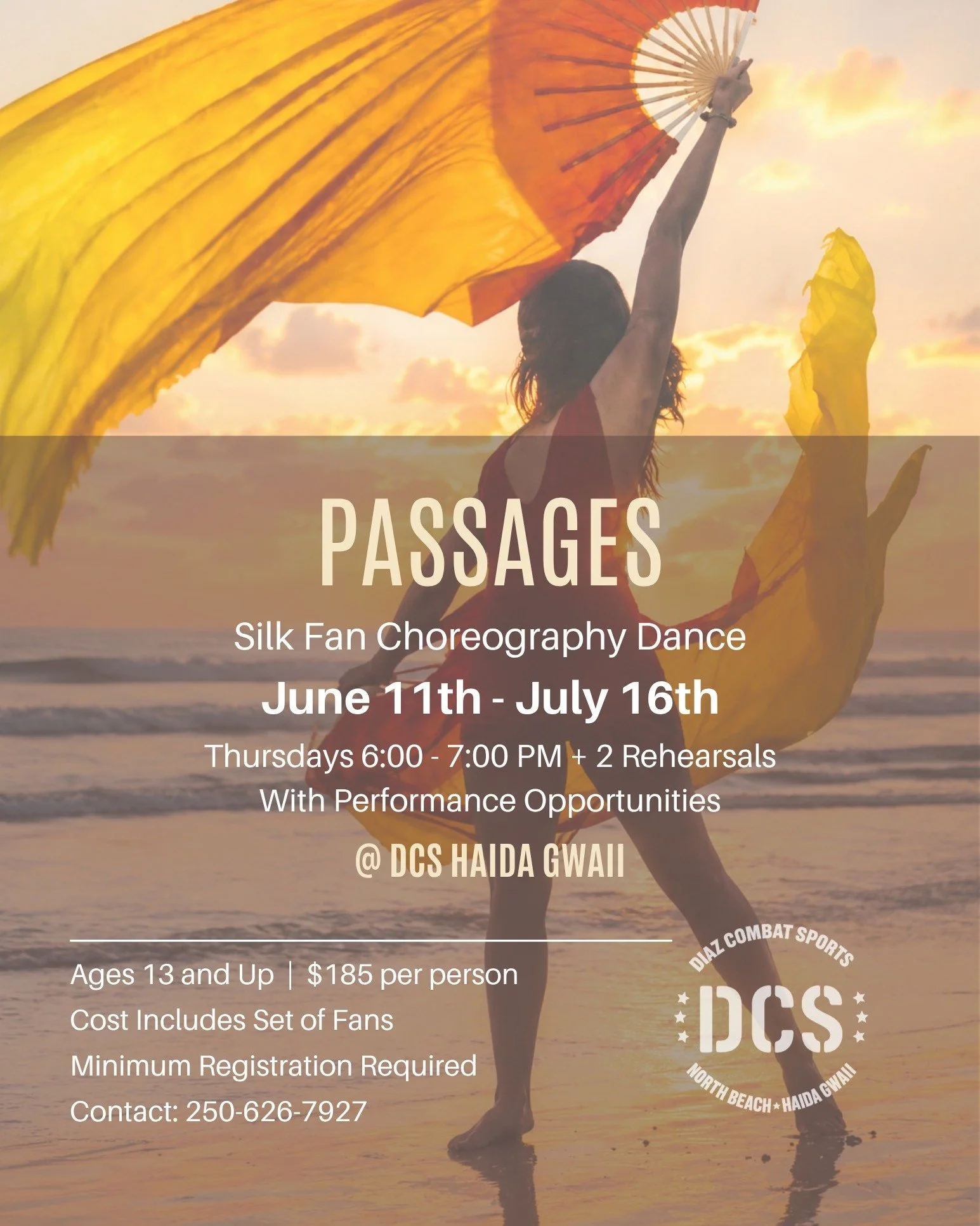 ✨ NEW AT DCS HAIDA GWAII ✨
&ldquo;PASSAGES&rdquo; &mdash; Silk Fan Choreography Dance

Move with flow, expression, and power in this unique choreography series blending dance, silk fans, and performance art. Open to ages 13+ and perfect for all exper