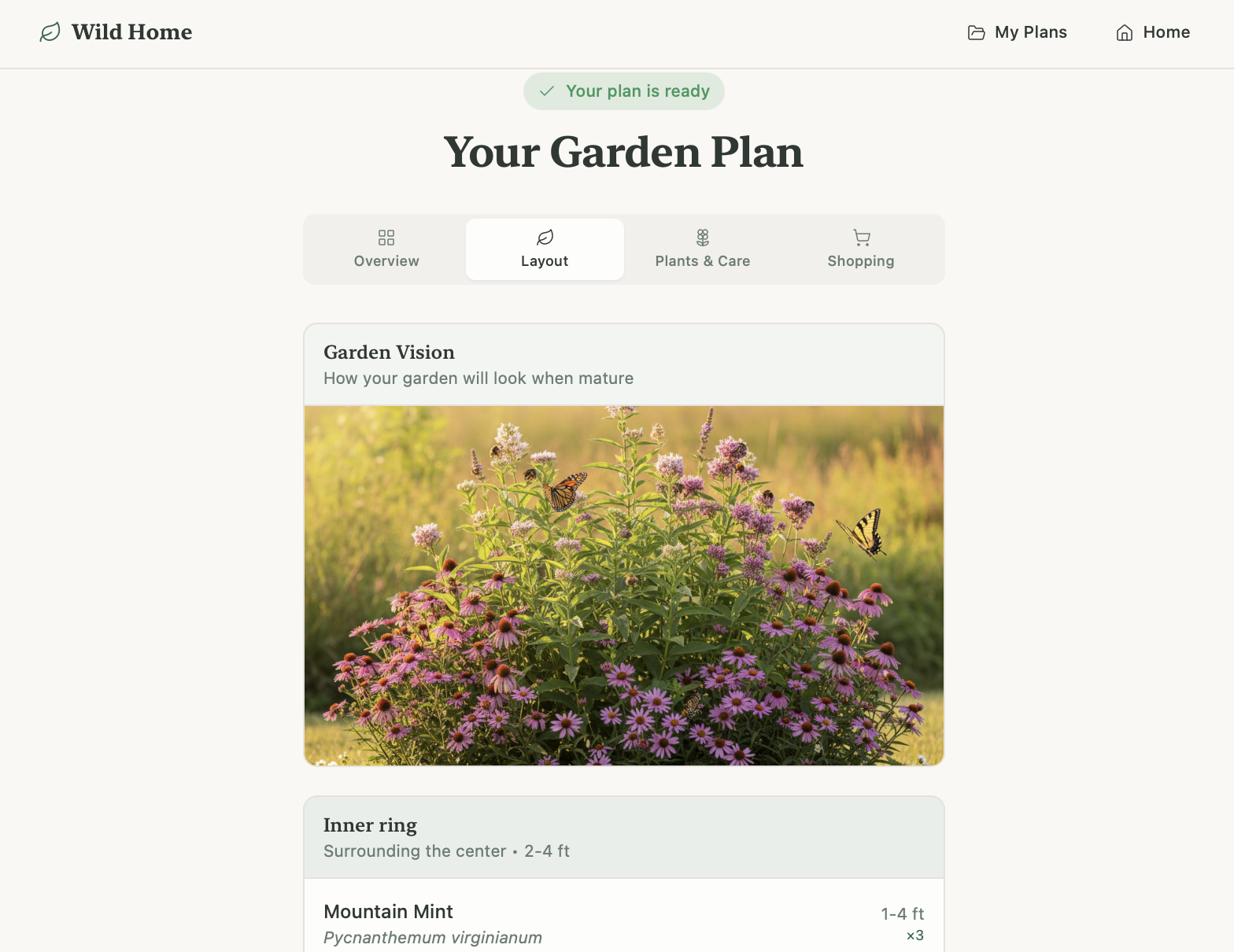 Screenshot of a webpage titled 'Your Garden Plan', featuring a photo of a flowering plant with pink and purple flowers and butterflies, and text describing a garden layout layout with various plants.