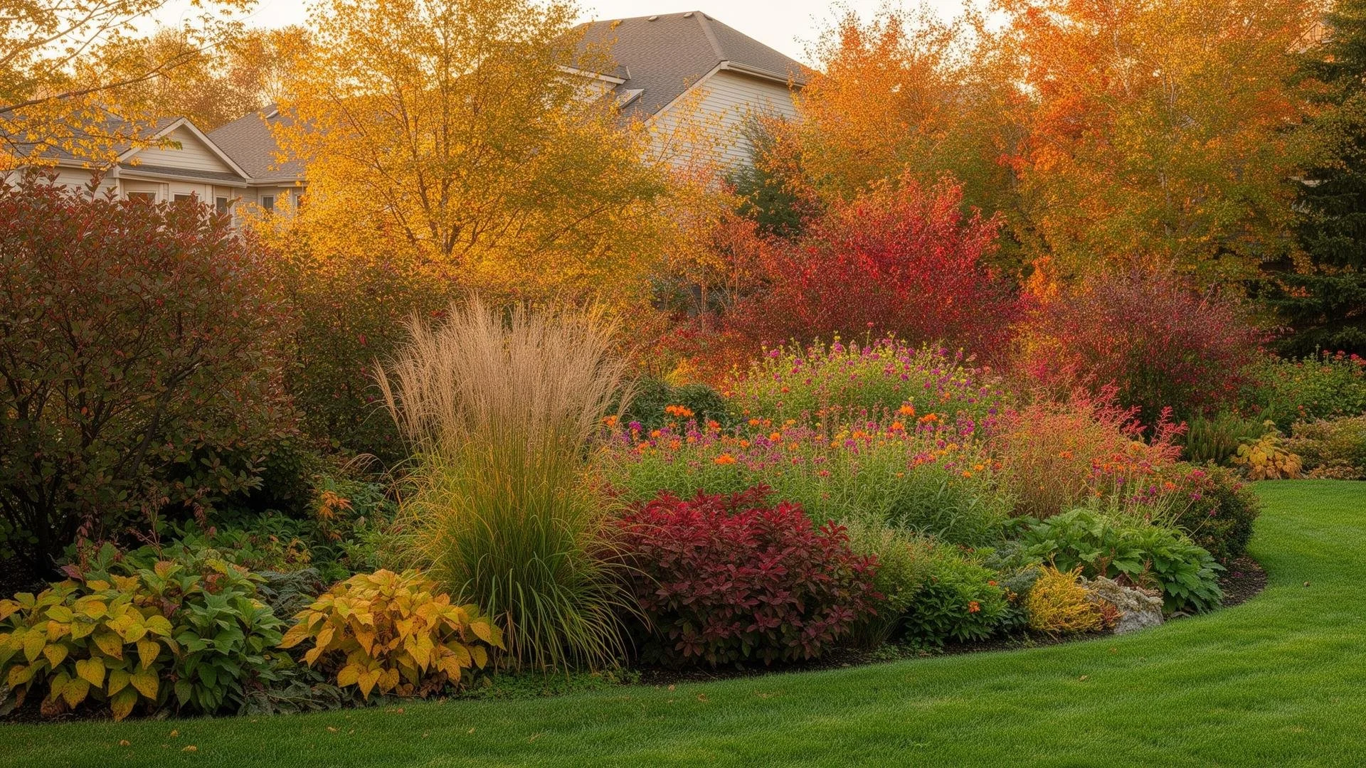 A garden with colorful autumn trees and shrubs, green grass, and a house in the background.