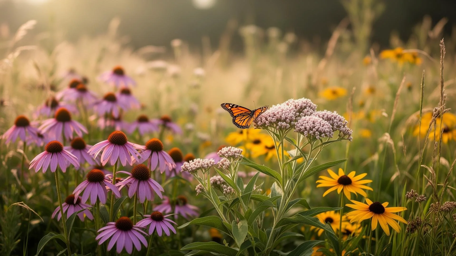 A monarch butterfly on pink and white flowers in a field of purple and yellow coneflowers, with a soft, glowing background.