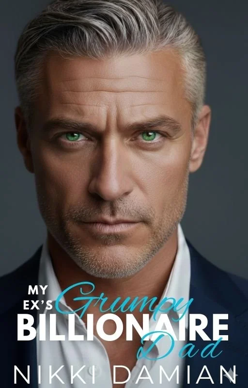 Close-up of a serious middle-aged man with silver hair and green eyes, wearing a dark suit and white shirt, with the title 'My Ex's Grumpy Billionaire Dad' by Nikki Damian overlayed at the bottom.
