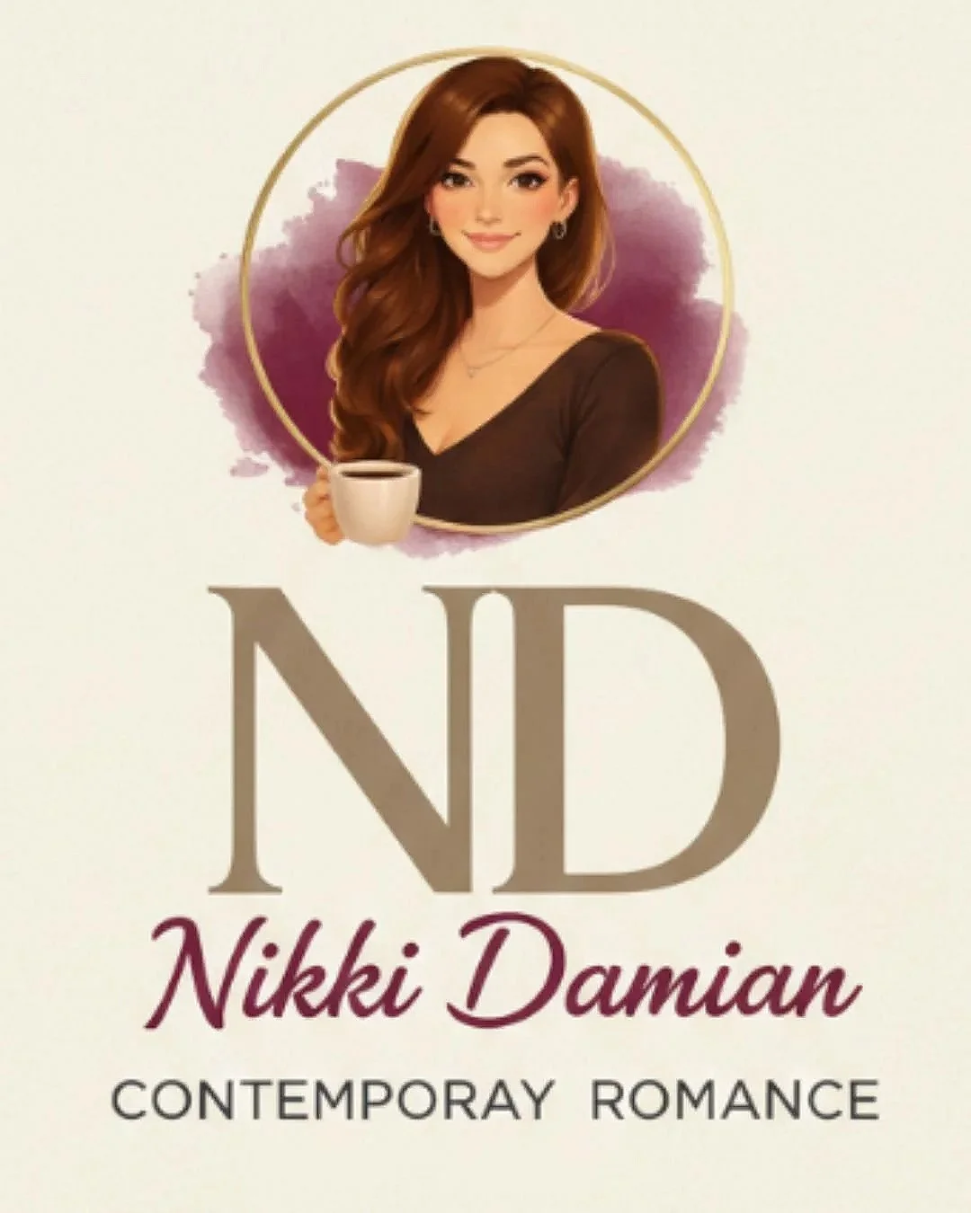 Book cover featuring a woman with long brown hair holding a coffee mug, with the text 'ND Nikki Damian Contemporary Romance'.