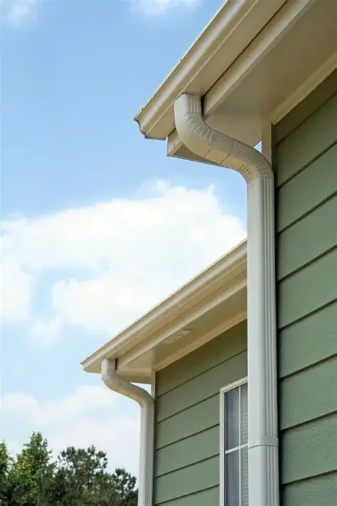 Close-up of a house's corner with green siding, white gutter, and downspout against a partly cloudy sky.