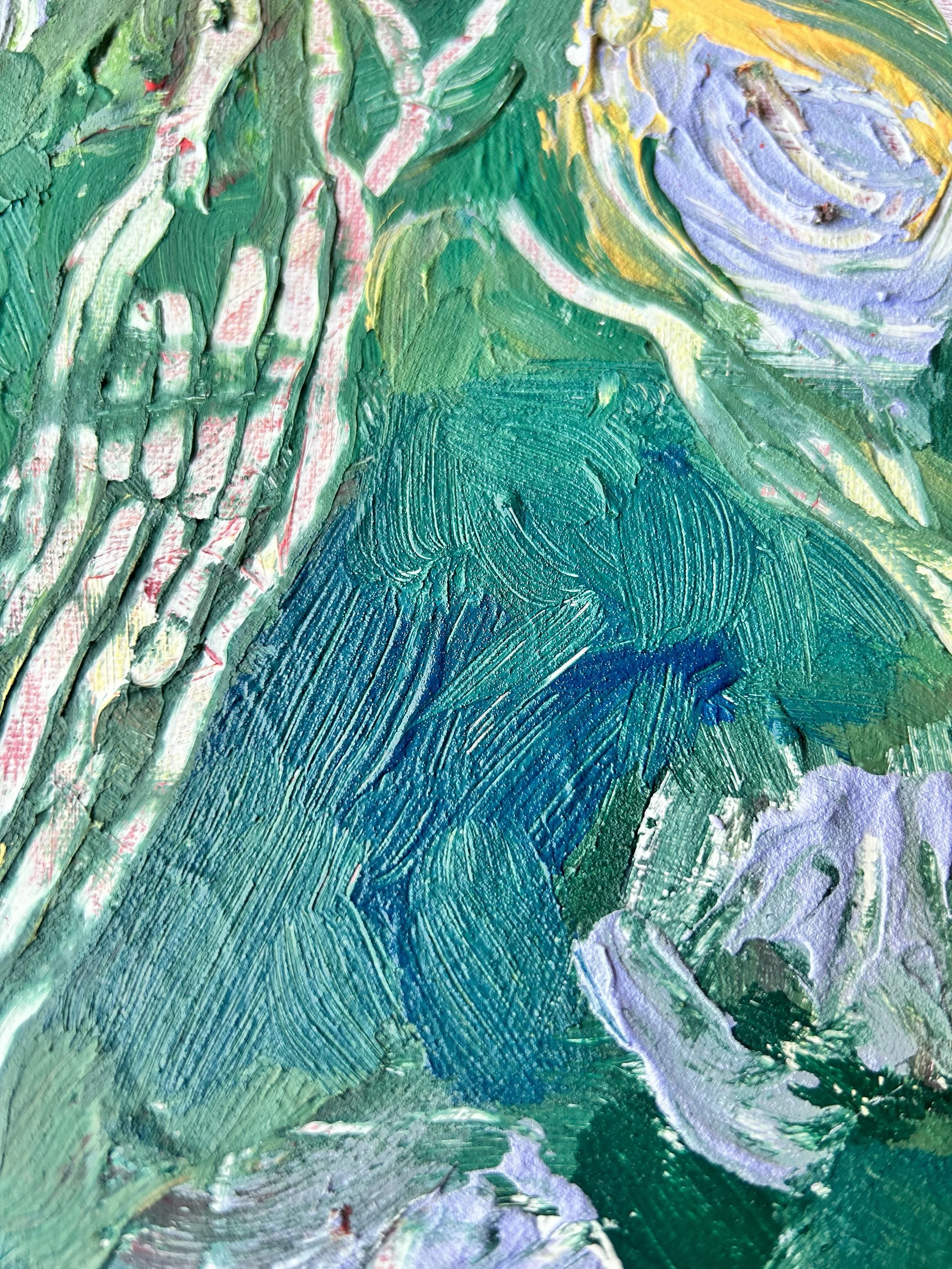 Close-up of an abstract painting with thick brushstrokes in green, purple, blue, and yellow colors.