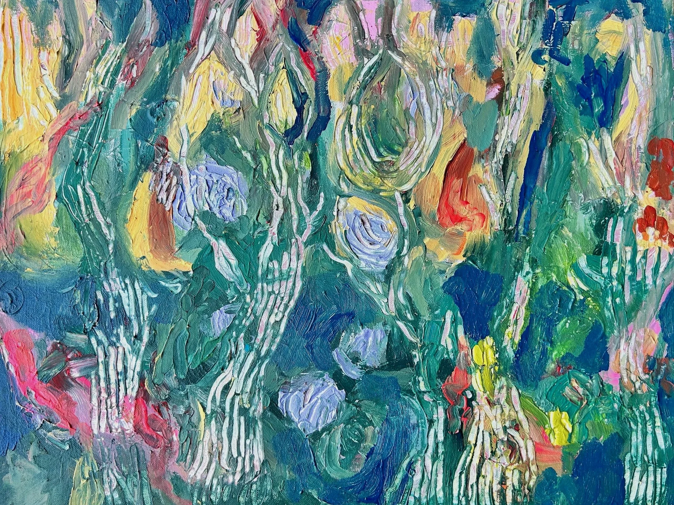 An abstract painting with vibrant colors, featuring swirling and textured brushstrokes in shades of blue, green, yellow, pink, and red.