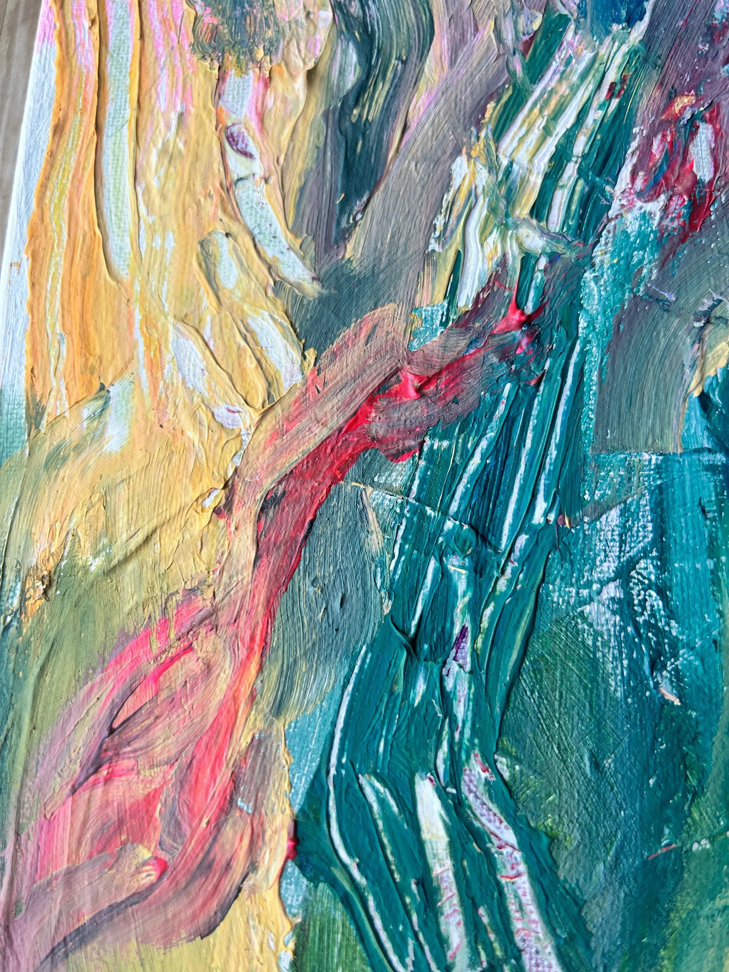 Close-up of an abstract painting with thick, textured brushstrokes in yellow, pink, teal, green, and red colors.