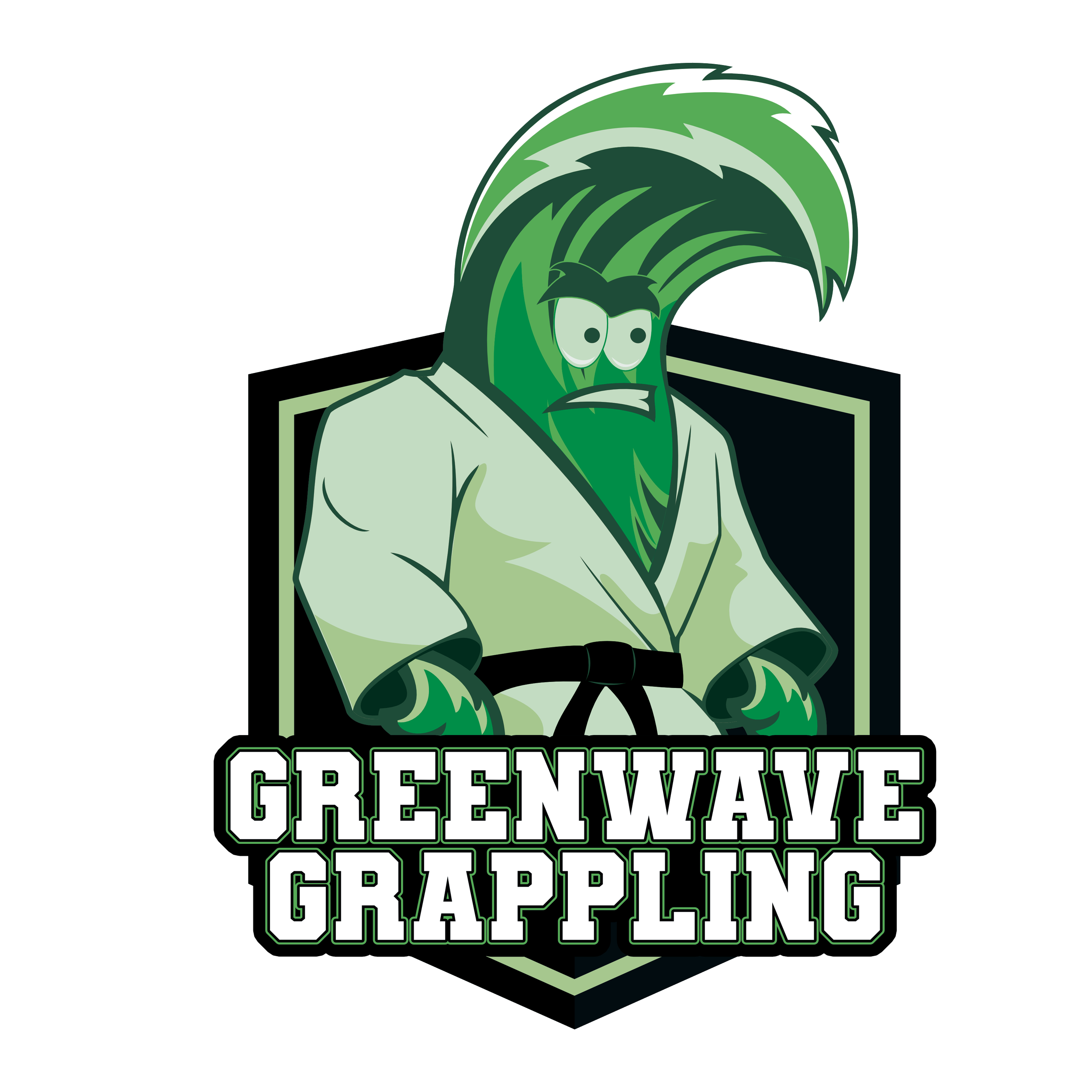 Cartoon green wave with a face, wearing a martial arts gi and black belt, in front of a shield with the text 'GREENWAVE GRAPPLING'.
