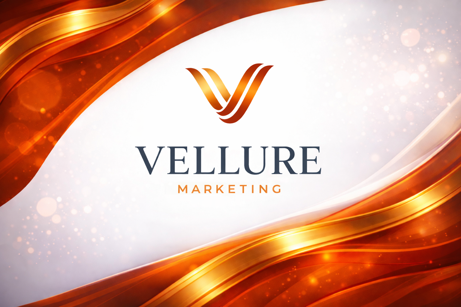 Vellure Marketing logo with an abstract design in orange and gold hues on a white background with dynamic, flowing lines.