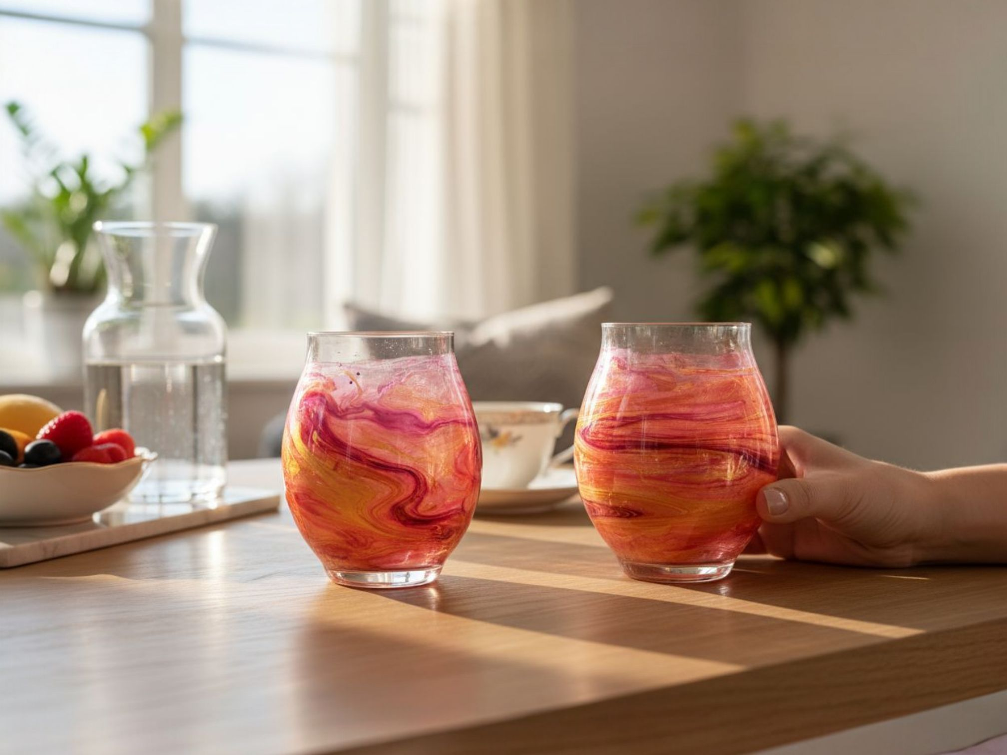 Two colorful marbled drinking glasses on a wooden table, with a hand holding one glass, in a bright room with a bowl of fruit, a glass pitcher of water, and a window with curtains.
