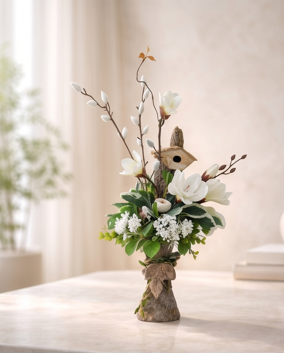 A decorative floral arrangement with premium white magnolia, greenery, and branches in a customized upcycled beige stone-look rustic vase  with clay leaves and jute ribbon .