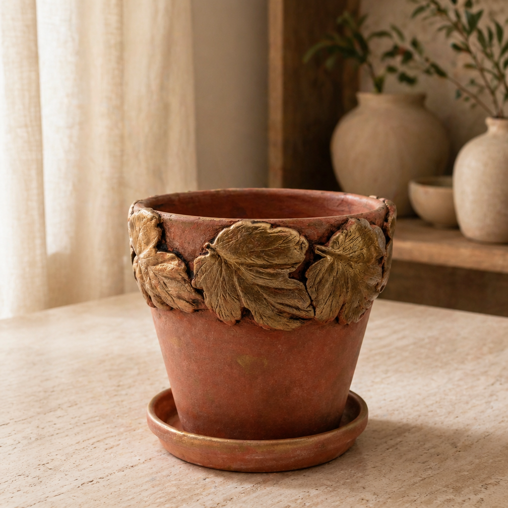 An artisan terracotta flower pot adorned with carved leaves around its upper edge, painted copper, antiqued and gold highlights.  Waterproof for outdoor use.