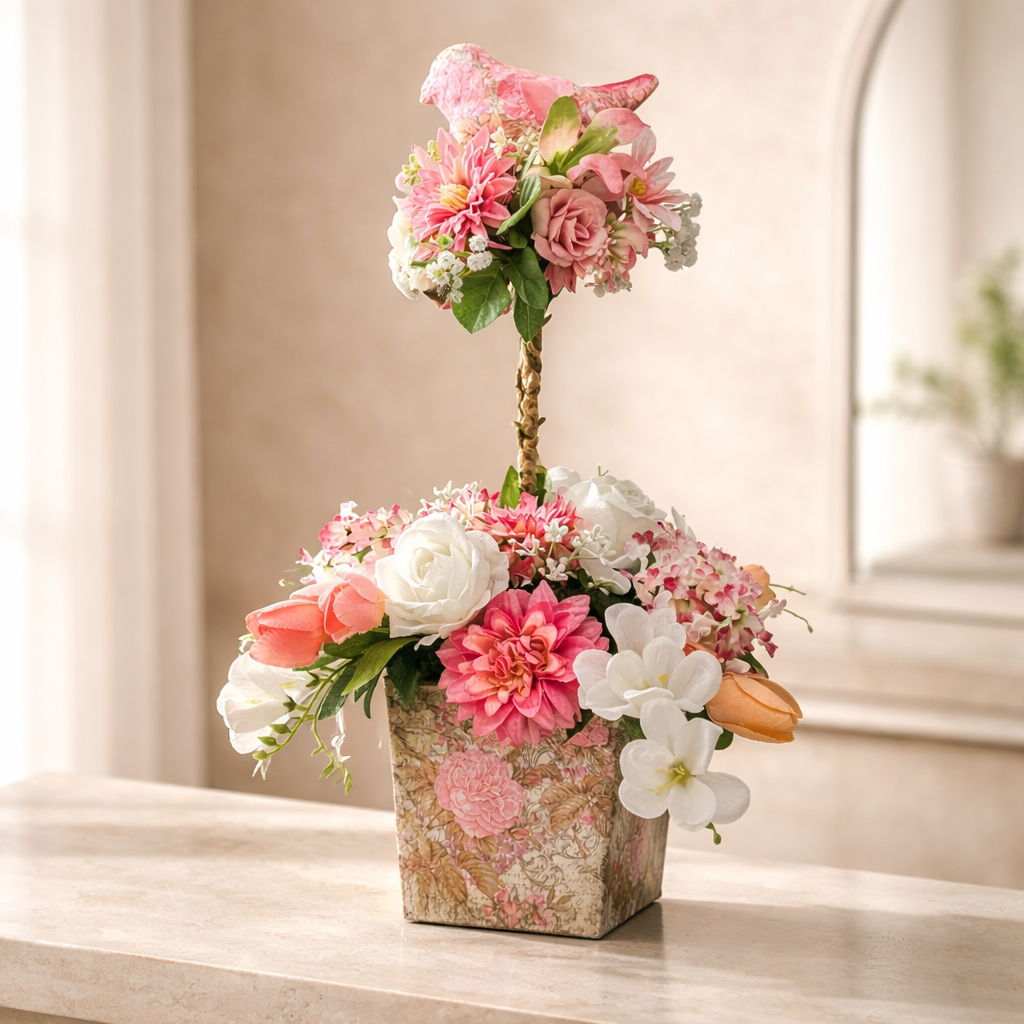 Premium silk floral topiary arrangement in a upcycled decoupaged  square vase with pink, white, and peach flowers and matching decoupaged bird.