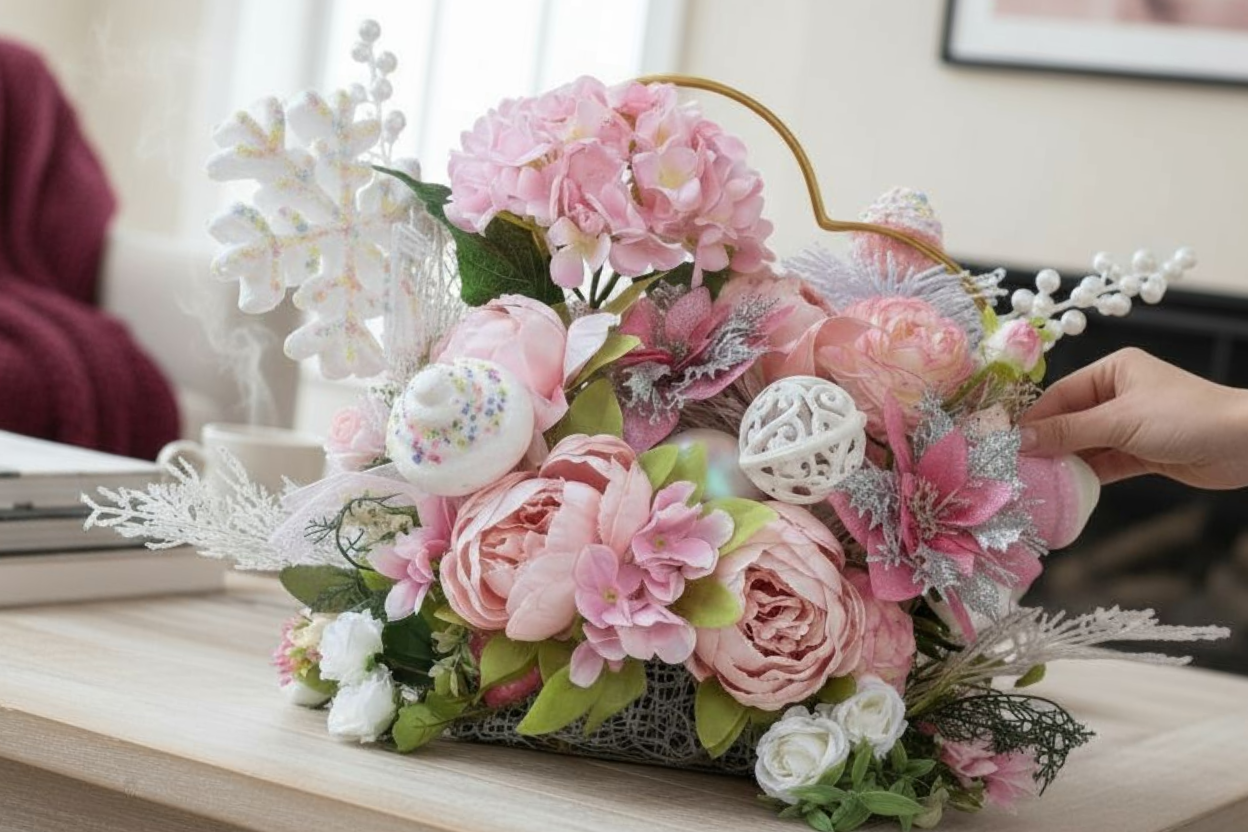 Pink and white floral arrangement with decorative holiday ornaments on a wooden table.