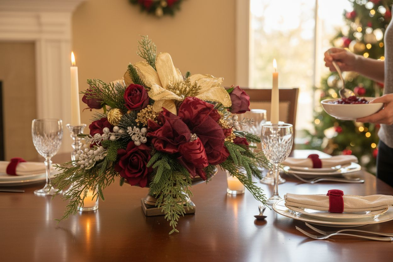 Elegant holiday table centerpiece with red roses, gold-embellished poinsettia, greenery, candles, and gold ornaments, set for Christmas dinner.