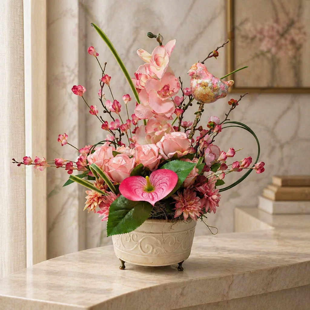 Arrangement of pink flowers in a upcycled metal vase with a decorative bird ornament.