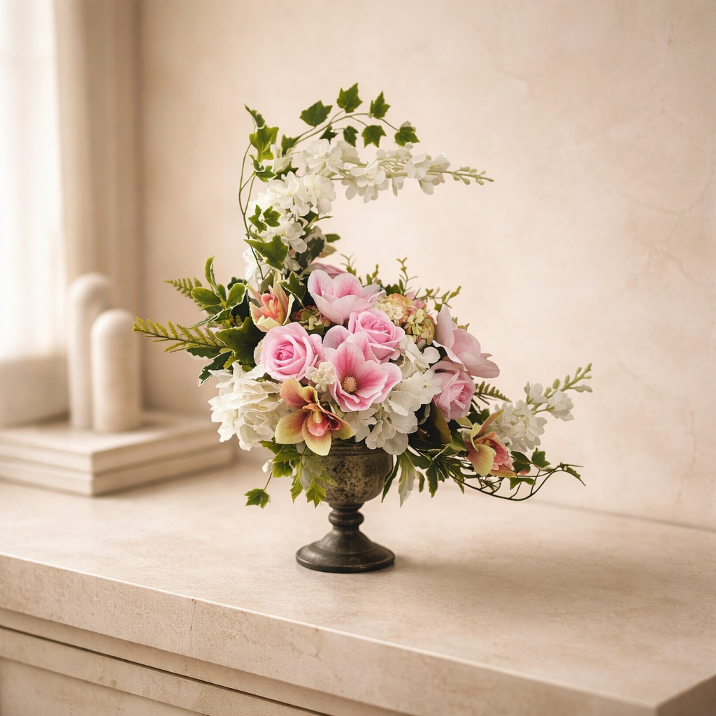 A artistic C floral designed flower arrangement in a customized upcycled antiqued embellished urn, featuring premimum faux pink roses, white hydrangeas, and greenery.