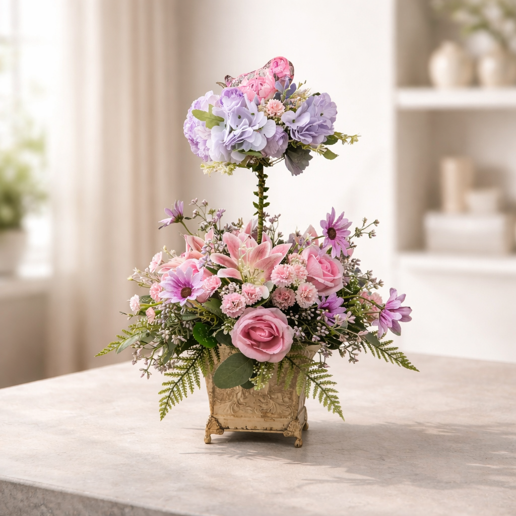 Premium pink and purple artificial topiary flower arrangement topped with a decoupaged bird in a beige upcycled vintage embossed metal vase.