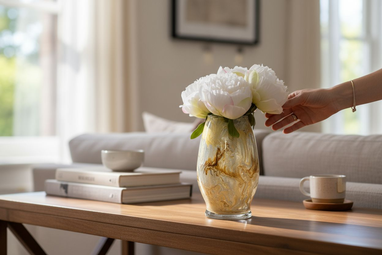 A person placing a bouquet of white peonies in a marbled glass vase on a wooden coffee table in a bright living room.