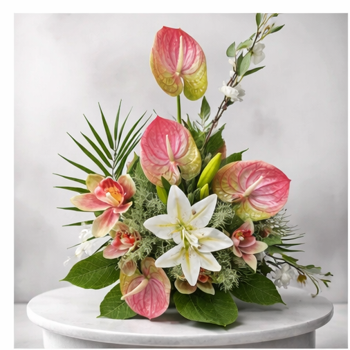 A premium floral arrangement featuring pink anthuriums, white lilies, pink orchids, and various green leaves and foliage.