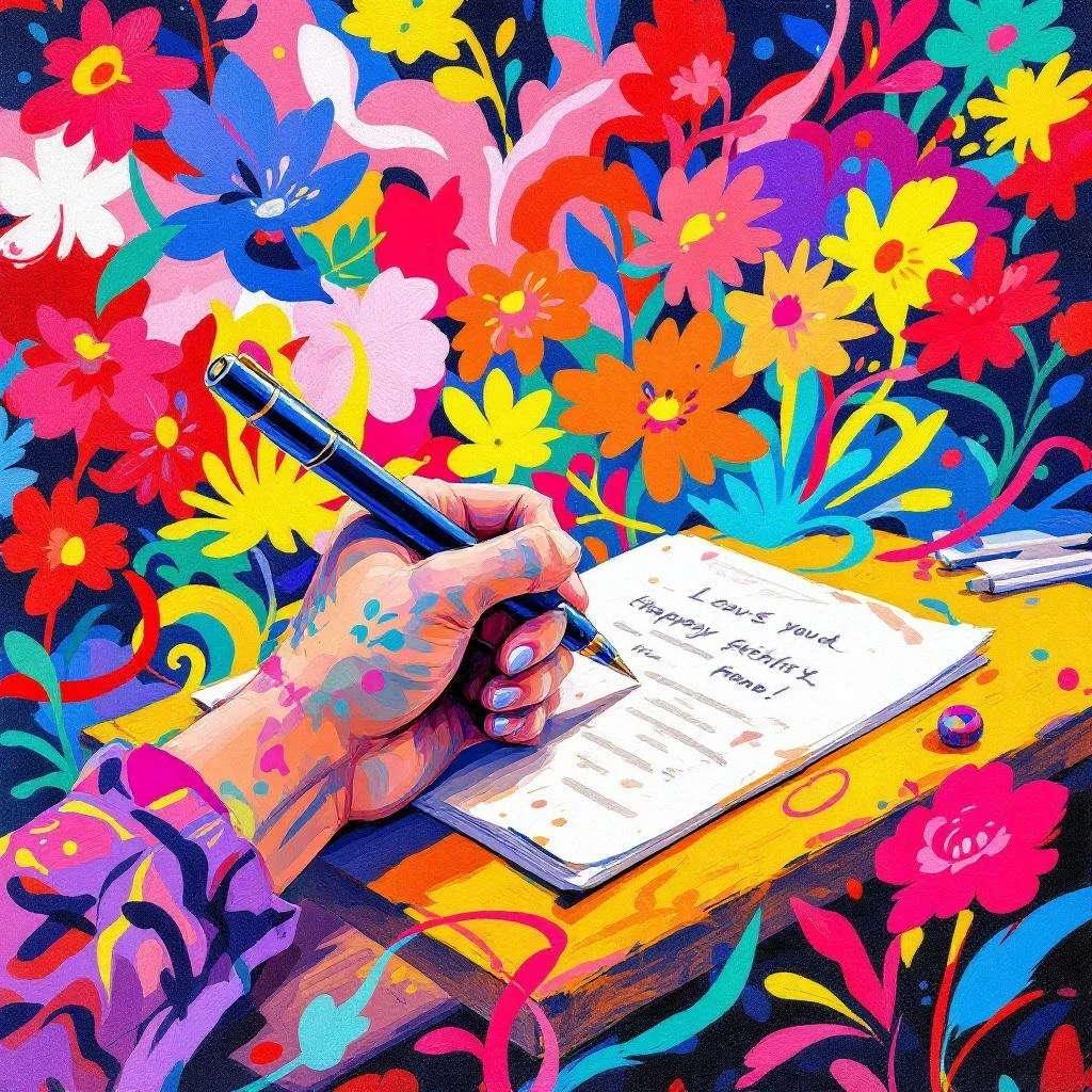 Hand writing a note on a notepad with a pen, surrounded by a vibrant, colorful floral background.