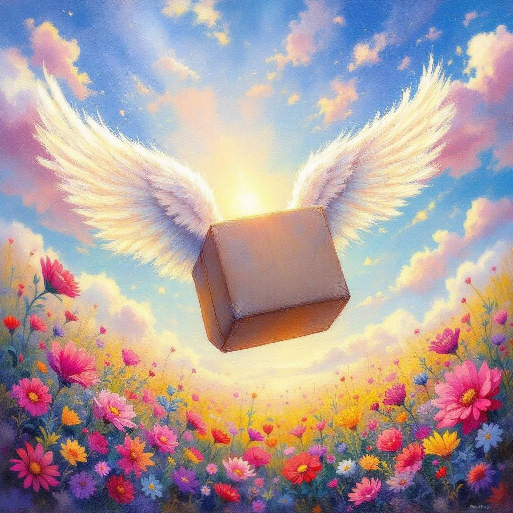 package with wings flying over flowers