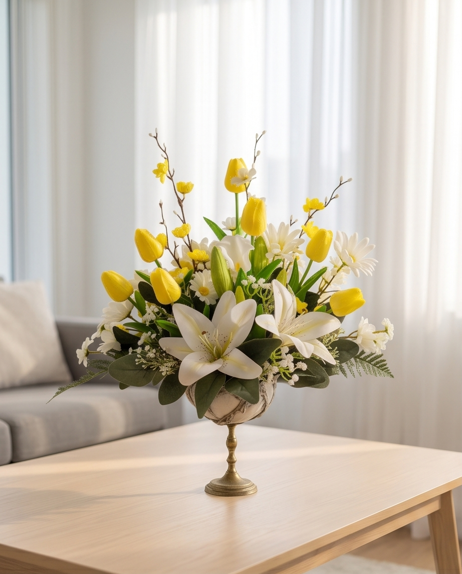 A floral arrangement with white lilies, yellow tulips, white daisies, and green leaves.