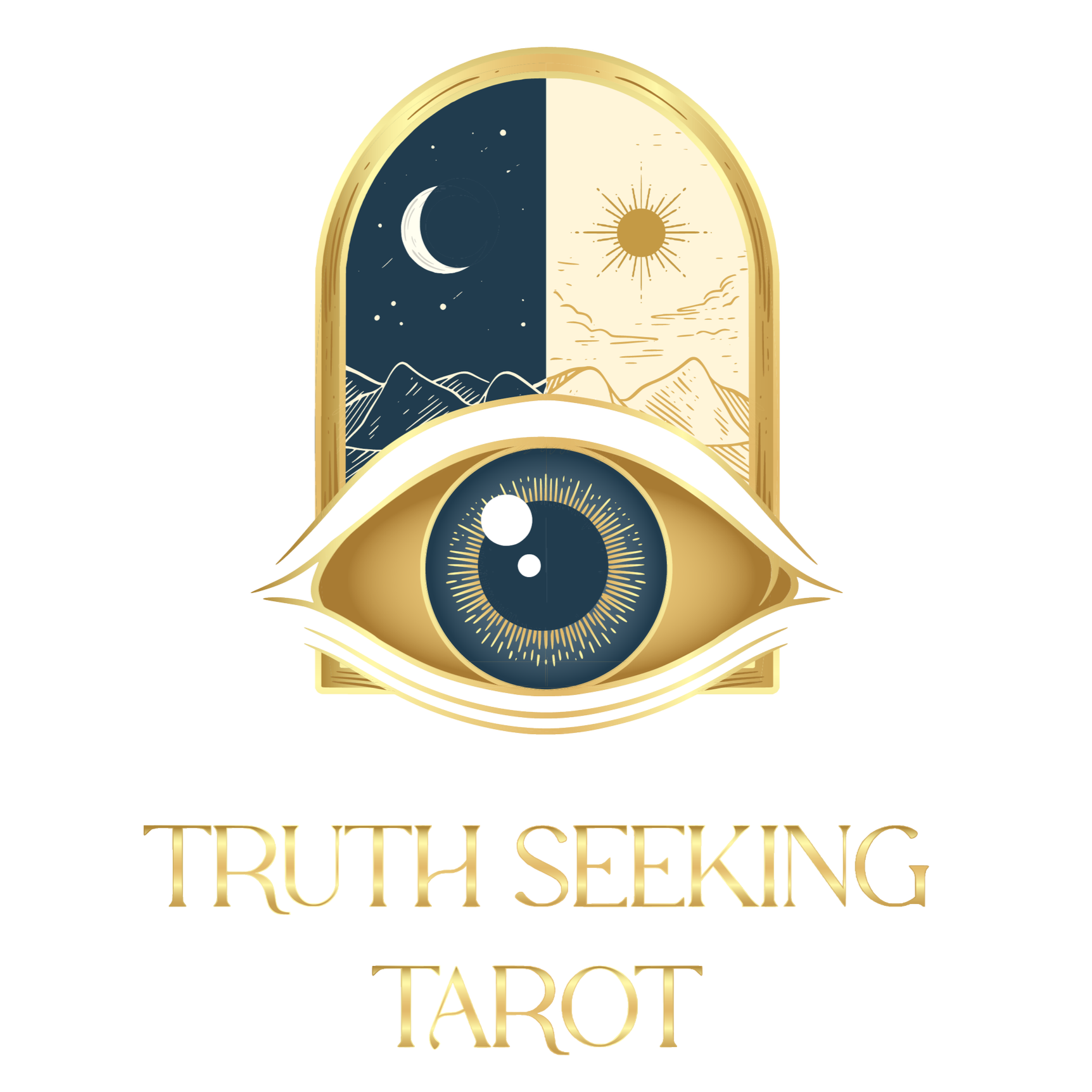 A graphic logo for 'Truth Seeking Tarot' features an eye with a large pupil and detailed iris in the center. Behind the eye is a stylized window or mirror divided into a night scene on the left with a crescent moon and stars, and a day scene on the right with a shining sun and mountains. Below the eye, the words 'Truth Seeking Tarot' are written in a shiny, gold-colored font.