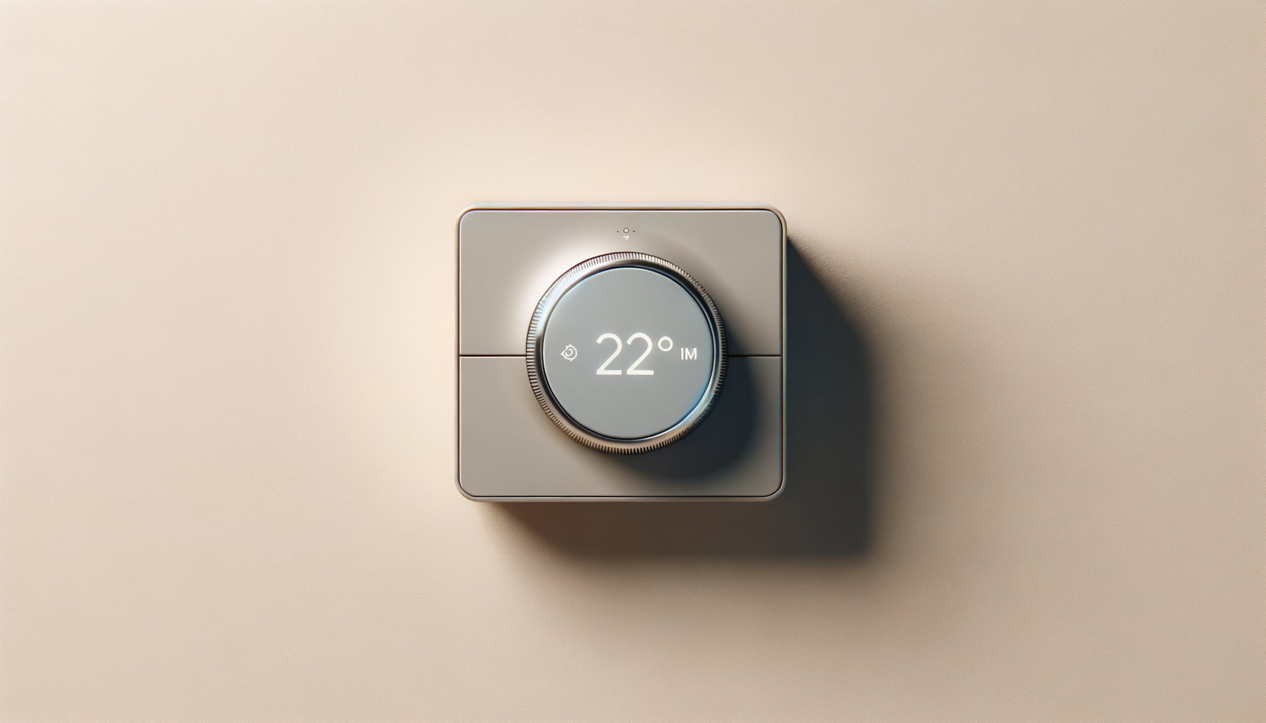 Digital thermostat on a beige wall showing a temperature of 22 degrees Celsius.