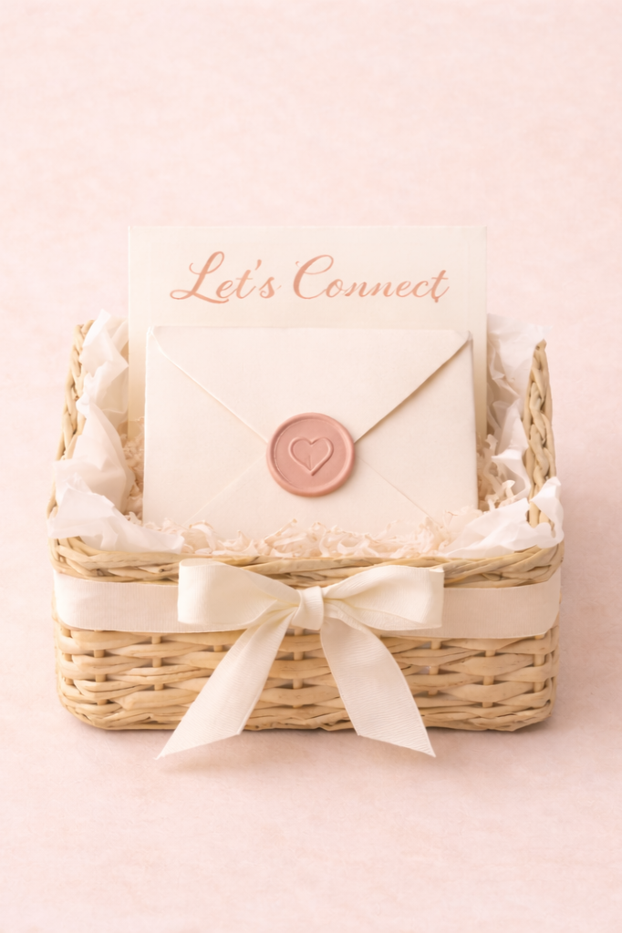 Boutique-style gift basket featuring a sealed envelope and soft pink details