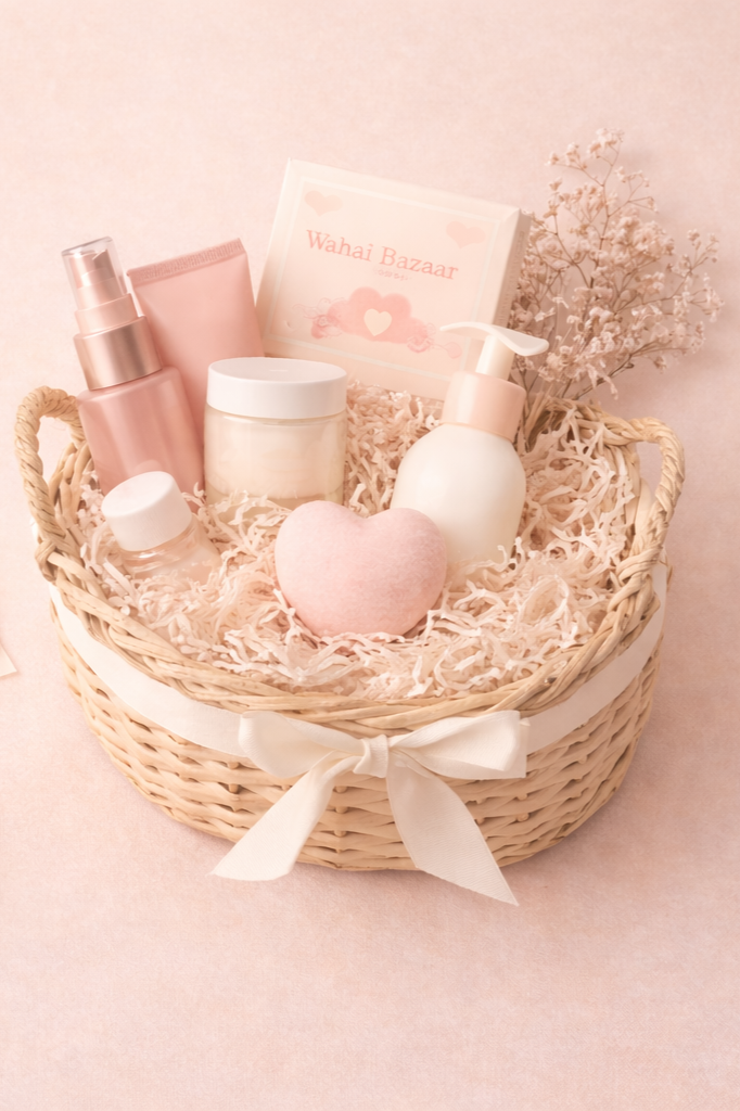 Curated gift basket featuring skincare essentials, soft pink packaging, and delicate ribbon details