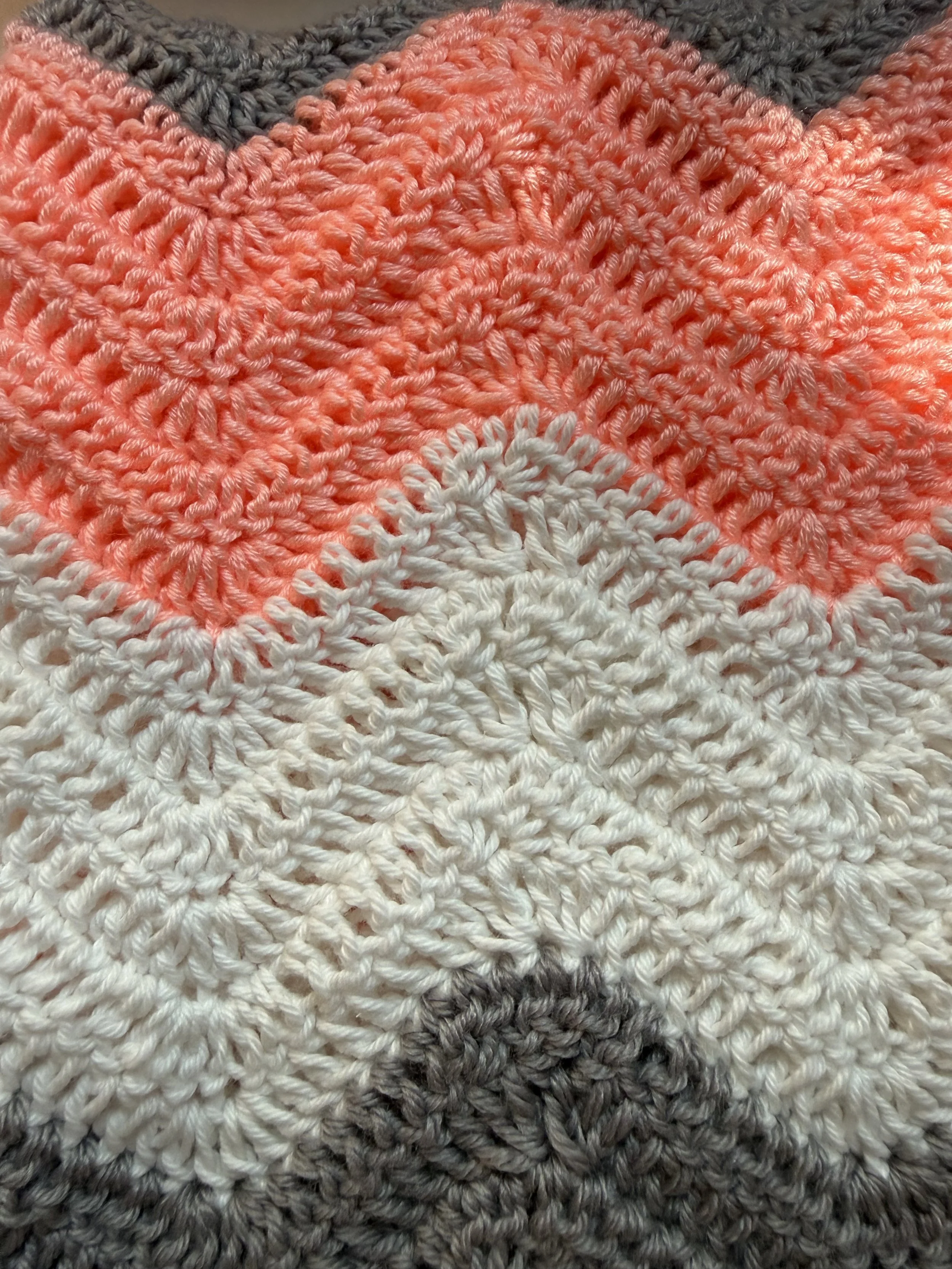 Close-up top view of a handmade crochet baby blanket featuring a textured zigzag chevron ripple pattern with alternating stripes of charcoal grey, white, cream, and vibrant pastel coral pink.