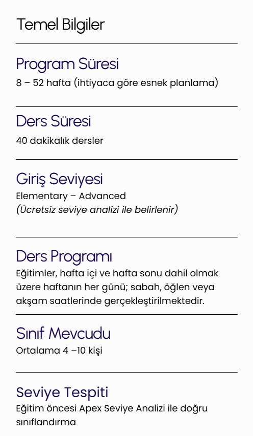Table of basic information for a language course, including program duration, class duration, entry levels, schedule, class size, and proficiency assessment methods.