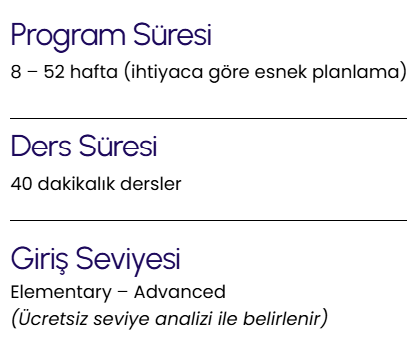 Text-based information about program duration, class length, and entry level in Turkish, including details about flexible planning, 40-minute lessons, and free level assessment.