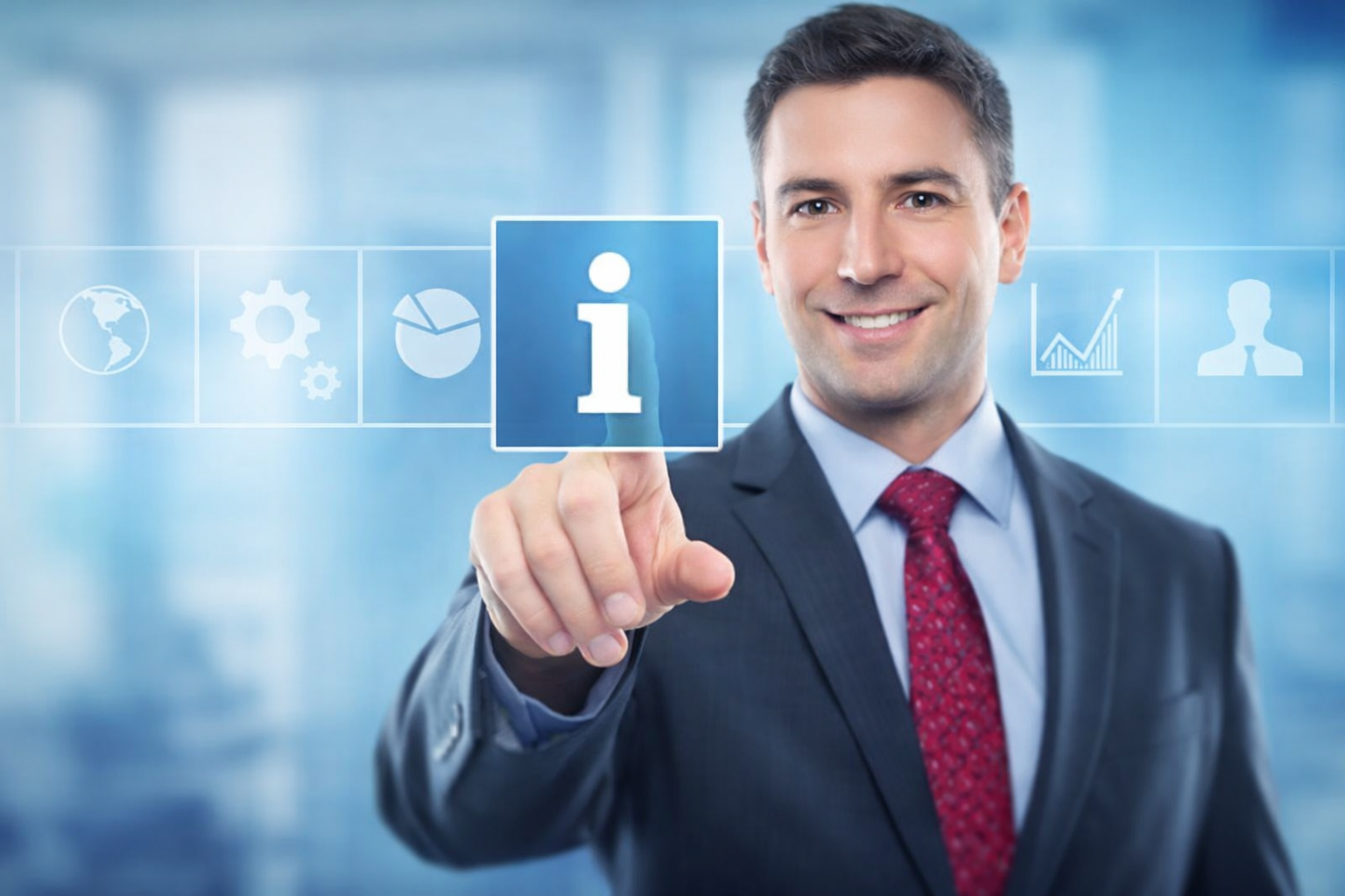A man in a business suit smiling and pointing at a virtual screen with icons, including an information symbol, surrounded by a blue digital background with various business-related graphics.